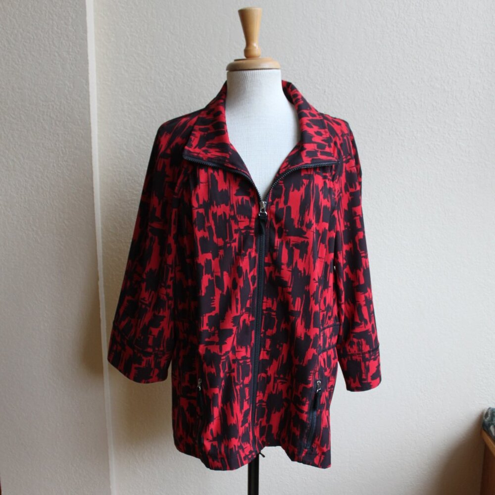 Zenergy by Chico's Red Black Abstract Print Zipper Fron Warm-up Jacket 3 XL